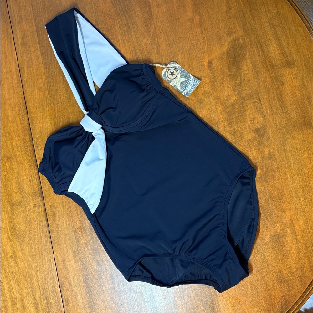 Converse One Star Vintage Label Navy and White Asymmetrical One Piece Swimsuit